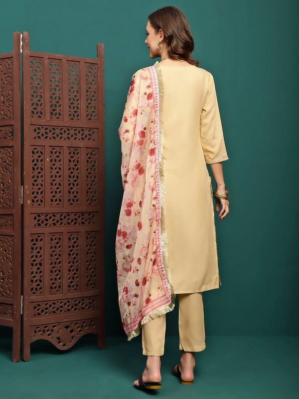 Lunar Taupe Embroidered Straight Kurta Pant with Dupatta Set