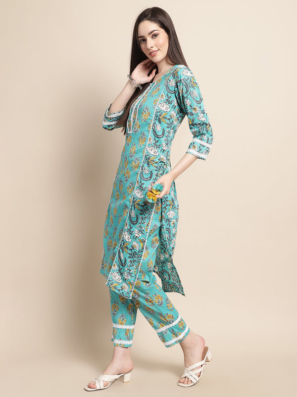 Aqua Bloom Floral Printed Kurta Pant Dupatta Set