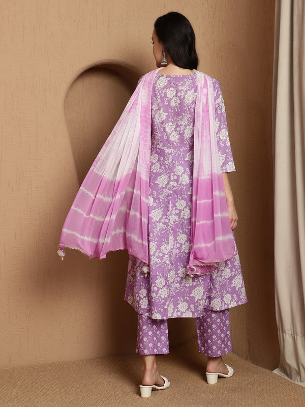 Lavender Bloom Floral Printed Notch Neck Pure Cotton Anarkali Kurta & Trousers With Dupatta
