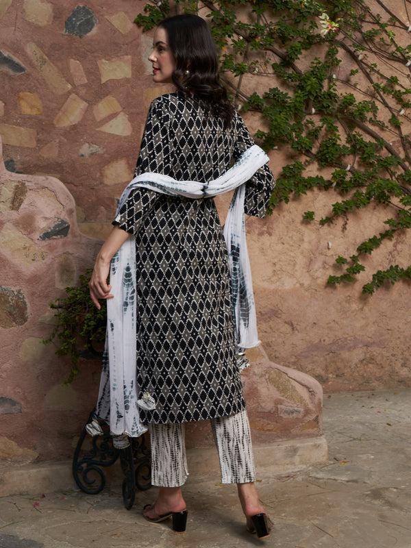 Midnight Matrix Geometric Printed Kurta Pant with Dupatta Set