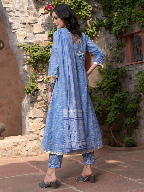 Indigo Drape Bandhej Printed Kurta Pant Dupatta Set