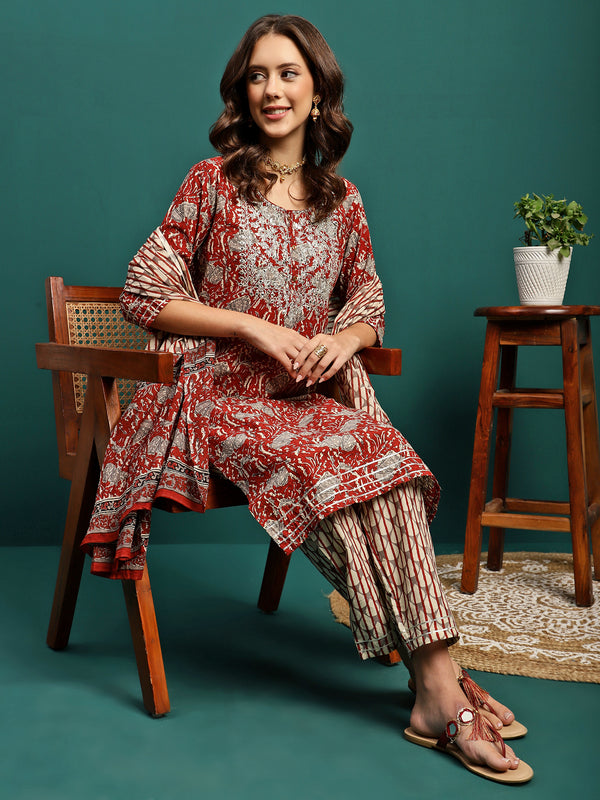 Ruby Harvest Printed Pure Cotton Kurta With Trouser & Dupatta Set