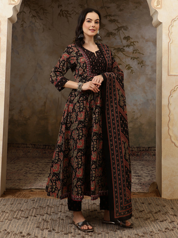 Inaya Black Floral Bead & Stone Work Cotton Anarkali Kurta Set with Dupatta