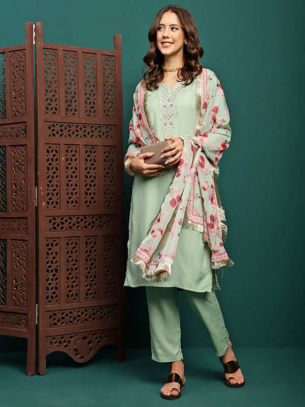 Mint Mirage Floral Embroidered Kurta & Trouser With Dupatta Set
