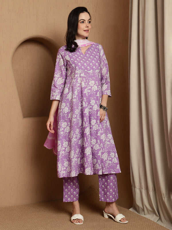 Lavender Bloom Floral Printed Notch Neck Pure Cotton Anarkali Kurta & Trousers With Dupatta