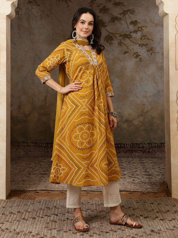 Sunehri Raag Bandhani Printed Pure Cotton Anarkali Kurta Set with Dupatta