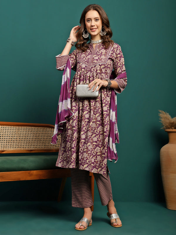 Amethyst Bloom Printed A-Line Kurta Pant with Dupatta Set