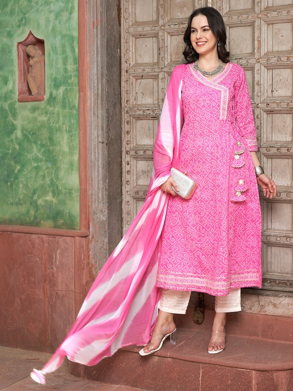 Blush Bandhej Pink Bandhani Printed Anarkali Kurta Pant with Dupatta Set Ethnic Wear for Women