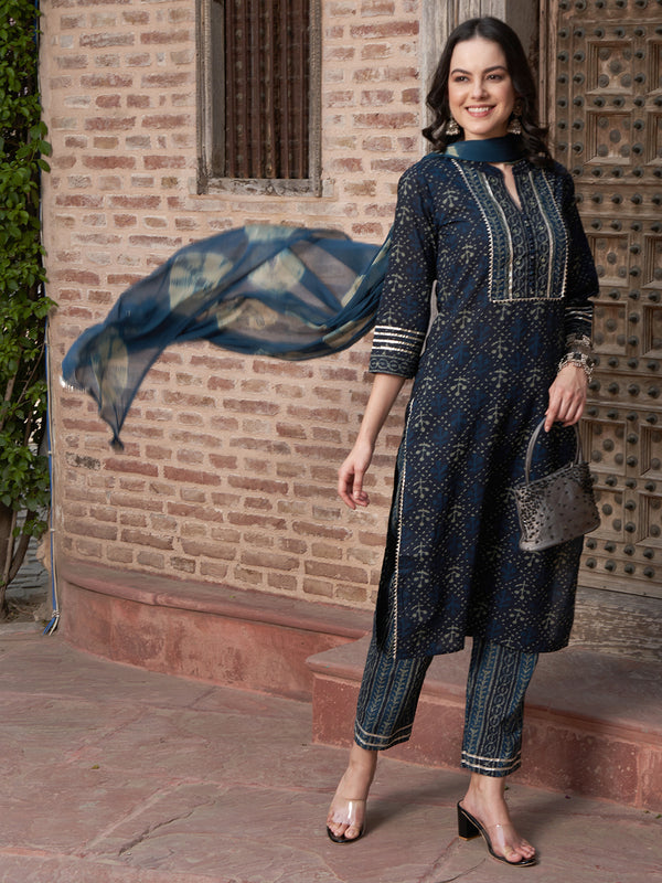 Sky Sonata Floral Printed Kurta Pant Dupatta Set