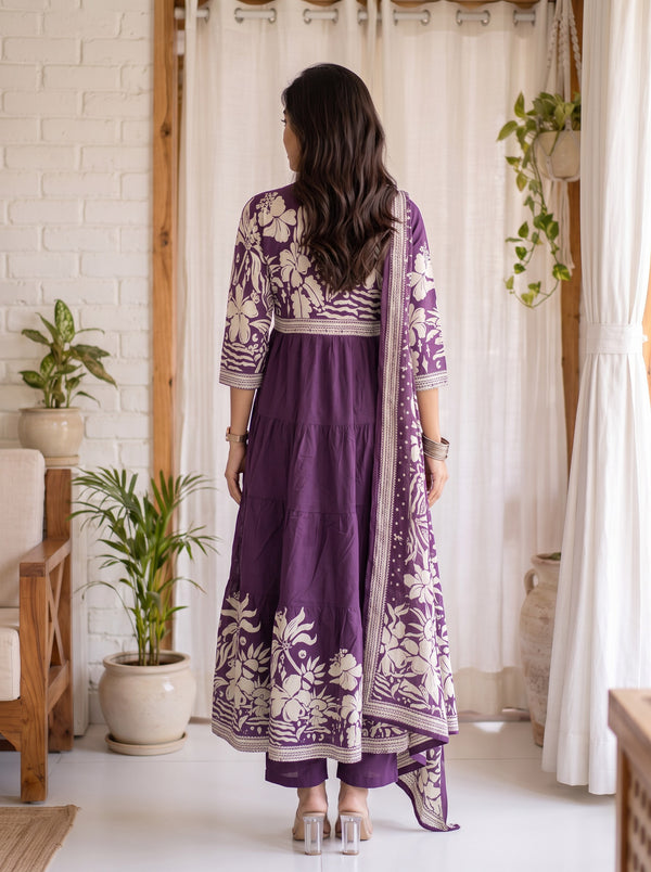Purple Bloom – Printed Anarkali Kurta Pant with Dupatta Set