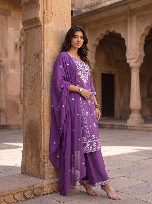 Royal Lavender – Embroidered Straight Kurta Pant with Dupatta Set