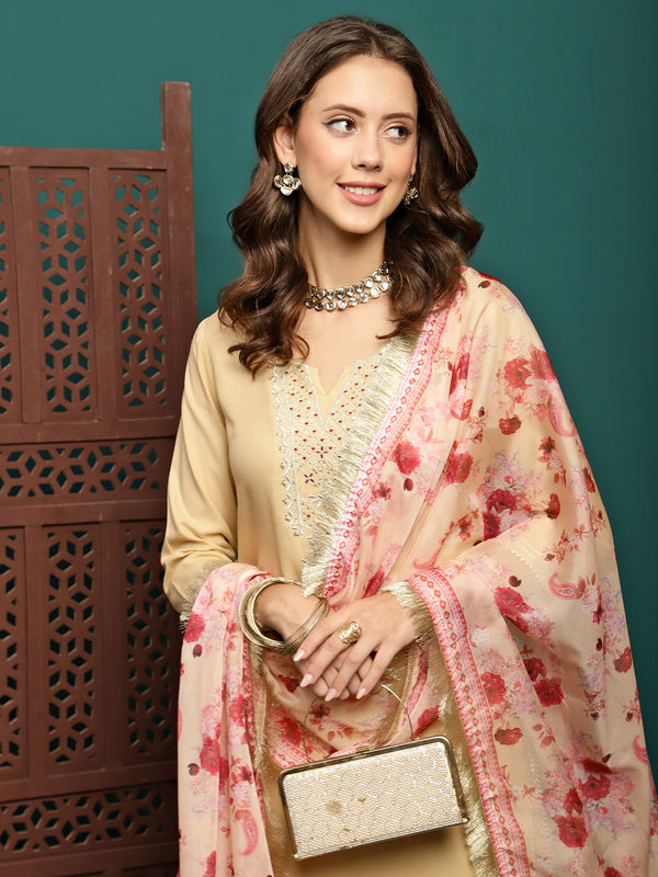 Lunar Taupe Embroidered Straight Kurta Pant with Dupatta Set