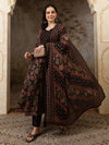 Inaya Black Floral Bead & Stone Work Cotton Anarkali Kurta Set with Dupatta