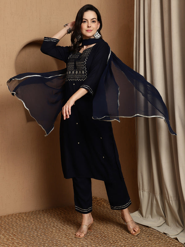 Olive Gleam Embroidered Viscose Rayon Kurta Set with Dupatta