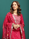 Aurora Thread Floral Embroidered Round-Neck Straight Kurta With Trousers & Dupatta