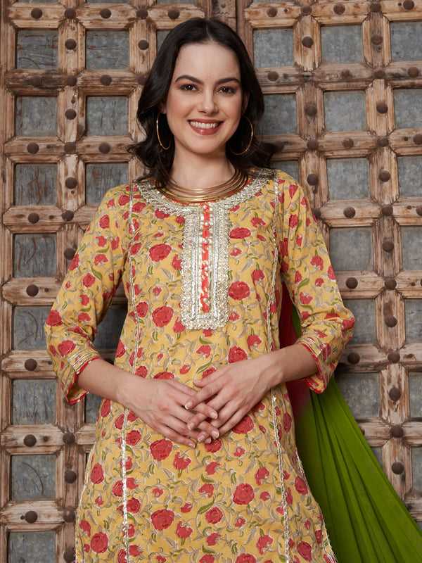 Apricot Aura Floral Printed Cotton Kurta Pant with Dupatta Set Ethnic Wear for Women