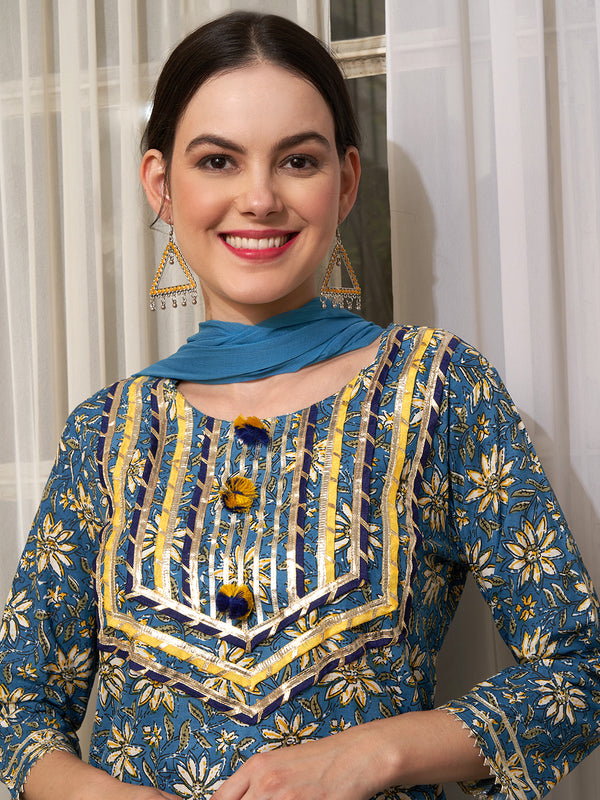 Aqua Bloom Turquoise Cotton Printed Kurta Pant with Dupatta Set Ethnic Wear for Women