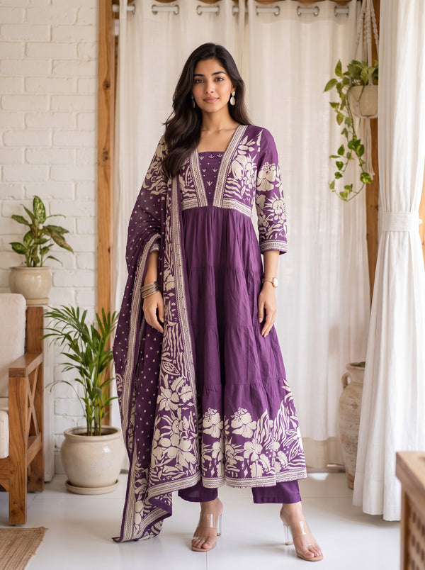 Purple Bloom – Printed Anarkali Kurta Pant with Dupatta Set