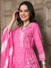 Blush Bandhej Pink Bandhani Printed Anarkali Kurta Pant with Dupatta Set Ethnic Wear for Women
