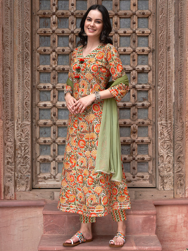 Orange Printed Gotta Patti Detail Pure Cotton A-Line Kurta With Trousers & Dupatta