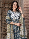 Navy Blue Floral Printed Pure Cotton Anarkali Kurta With Trouser & Dupatta
