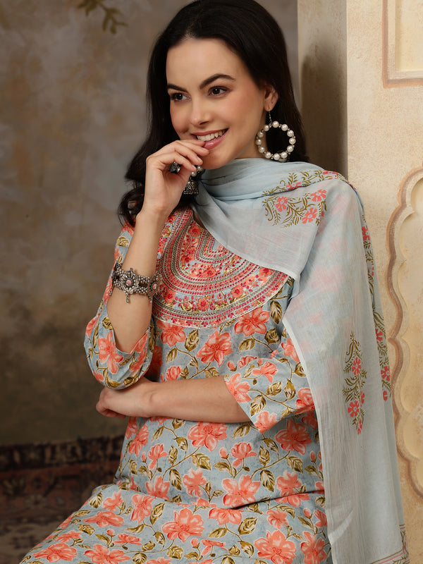 Neelika Floral Printed Blue Cotton Kurta with Trousers & Dupatta