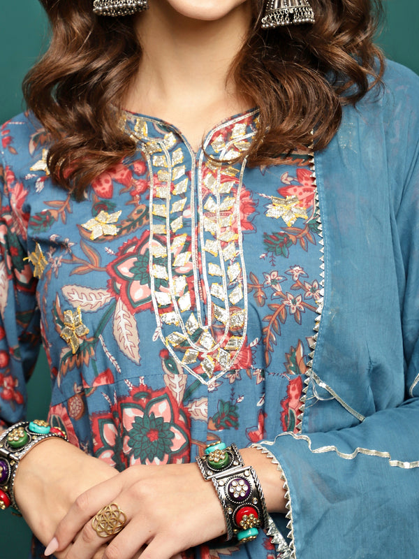 Celeste Grace Printed Pure Cotton A-Line Kurta Pant with Dupatta Set