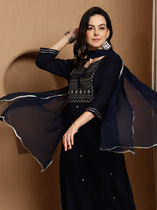 Olive Gleam Embroidered Viscose Rayon Kurta Set with Dupatta