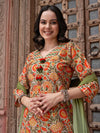 Orange Printed Gotta Patti Detail Pure Cotton A-Line Kurta With Trousers & Dupatta