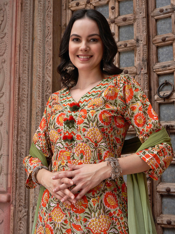 Orange Printed Gotta Patti Detail Pure Cotton A-Line Kurta With Trousers & Dupatta
