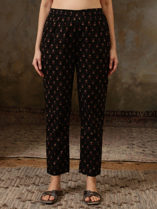 Inaya Black Floral Bead & Stone Work Cotton Anarkali Kurta Set with Dupatta