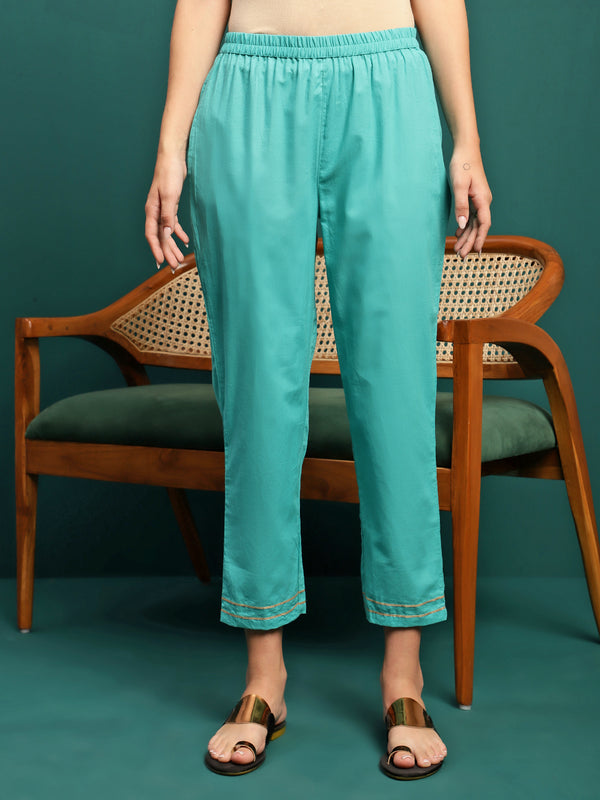 Gleam Garden Floral Printed Pleated Mirror Work A-Line Kurta With Trouser & Dupatta