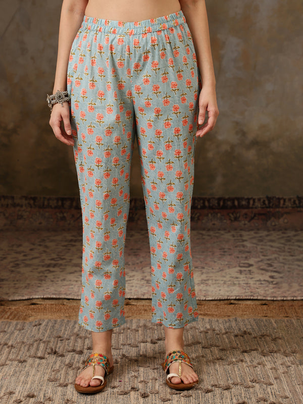 Neelika Floral Printed Blue Cotton Kurta with Trousers & Dupatta