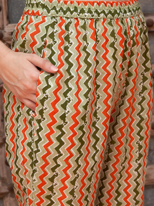 Orange Printed Gotta Patti Detail Pure Cotton A-Line Kurta With Trousers & Dupatta