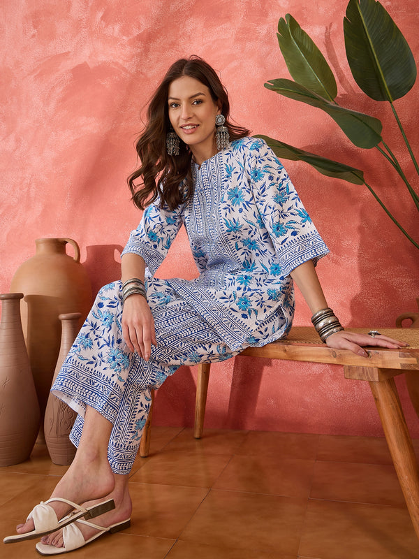 Indira Block Printed Pure Cotton Top with Trouser Co-ord Set