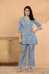 Bandia Women's Grey Muslin Printed Co-Ord Set | V-Neck Flared Kurti with Straight Pants