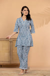 Bandia Women's Grey Muslin Printed Co-Ord Set | V-Neck Flared Kurti with Straight Pants