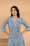 Bandia Women's Grey Muslin Printed Co-Ord Set | V-Neck Flared Kurti with Straight Pants