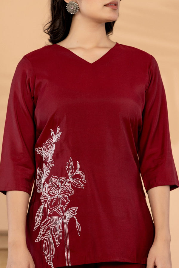 Crimson Elegance – Silk Blend Floral Embroidered Co-Ord Set