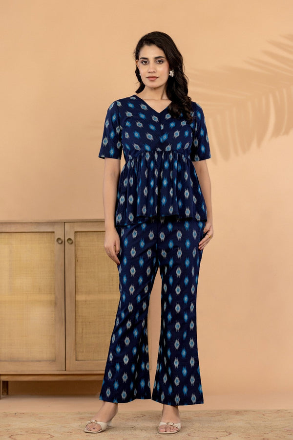 Midnight Ikat – Navy Blue Pure Cotton Printed Co-Ord Set for Women