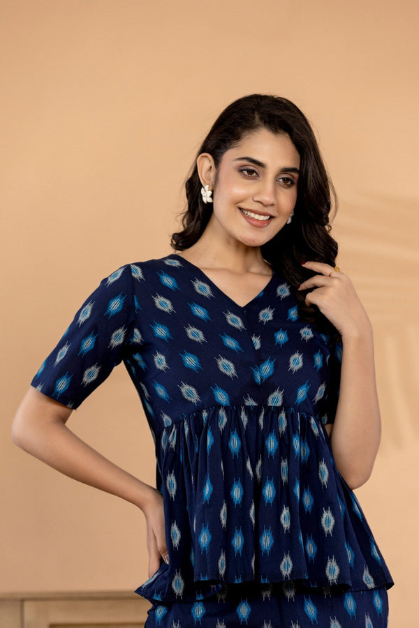 Midnight Ikat – Navy Blue Pure Cotton Printed Co-Ord Set for Women
