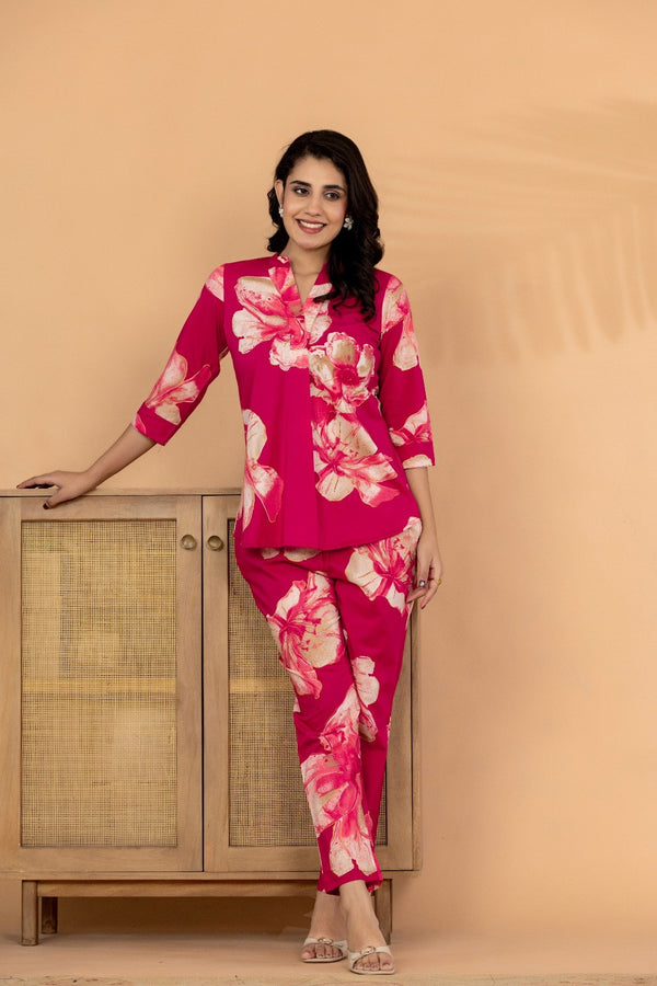 Fuchsia Bloom – Pure Cotton Floral Printed Co-Ord Set for Women