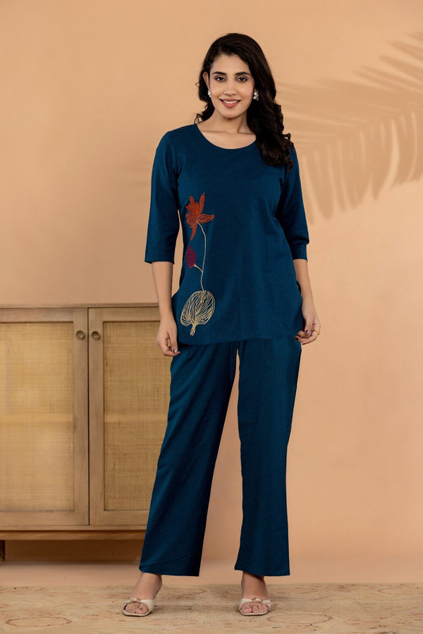 Ocean Grace – Cotton Flex Floral Embroidered Co-Ord Set