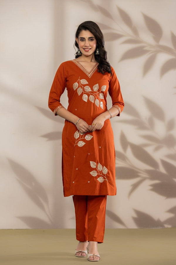 Bandia Luxe Rust Embroidered Kurta Set with Dupatta