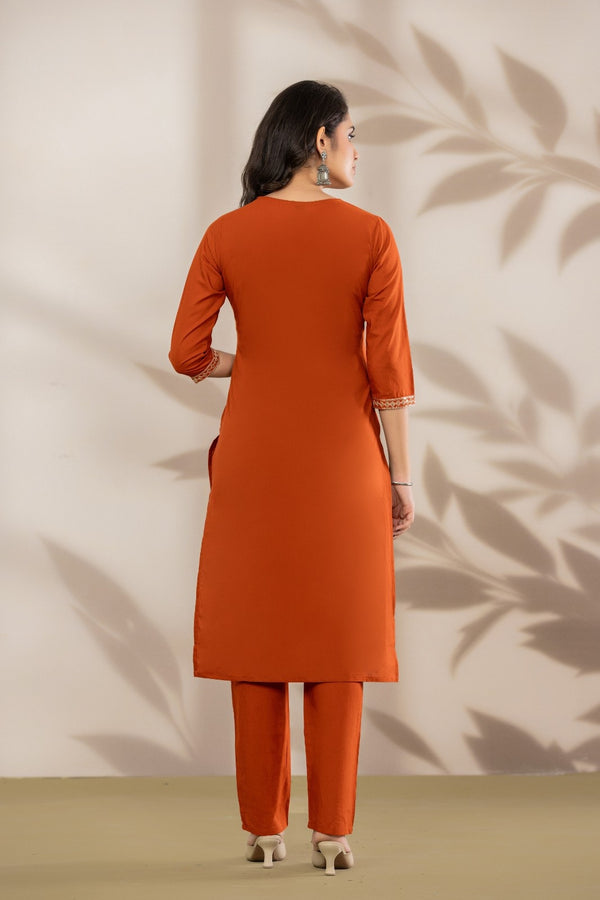 Bandia Luxe Rust Embroidered Kurta Set with Dupatta