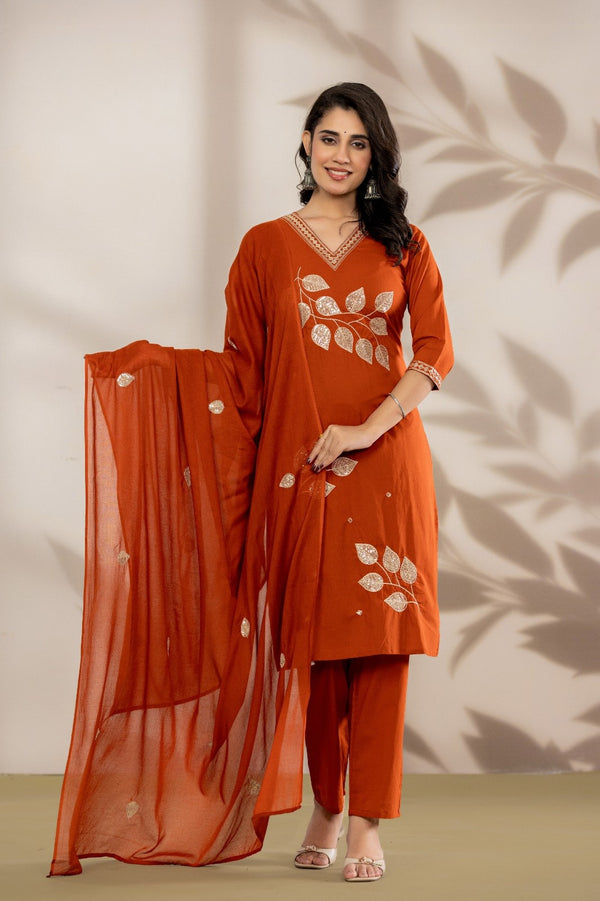 Bandia Luxe Rust Embroidered Kurta Set with Dupatta