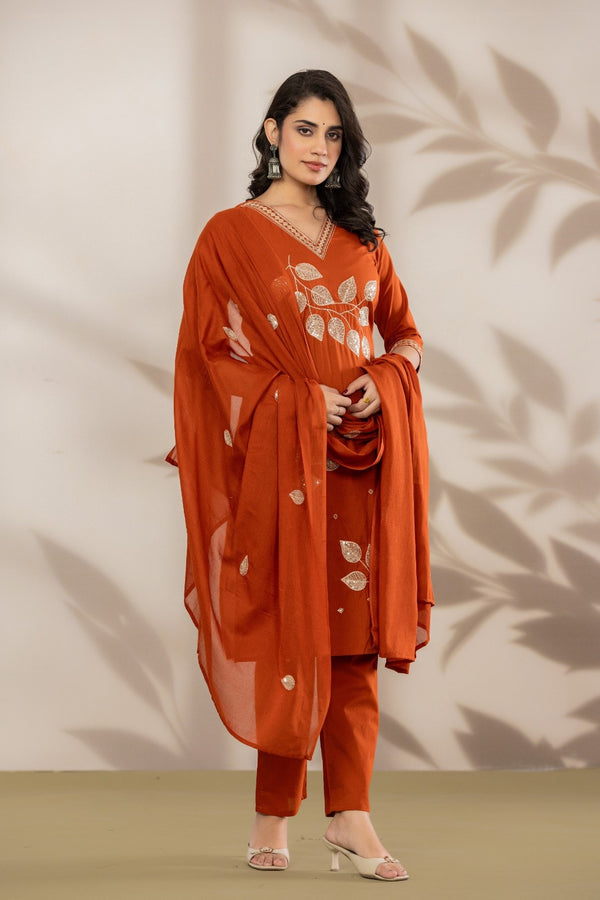 Bandia Luxe Rust Embroidered Kurta Set with Dupatta
