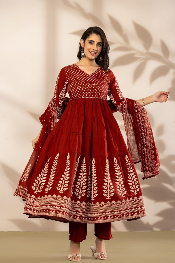 Royale Maroon Printed Anarkali Kurta Set with Dupatta