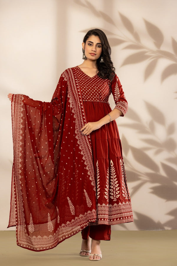 Royale Maroon Printed Anarkali Kurta Set with Dupatta