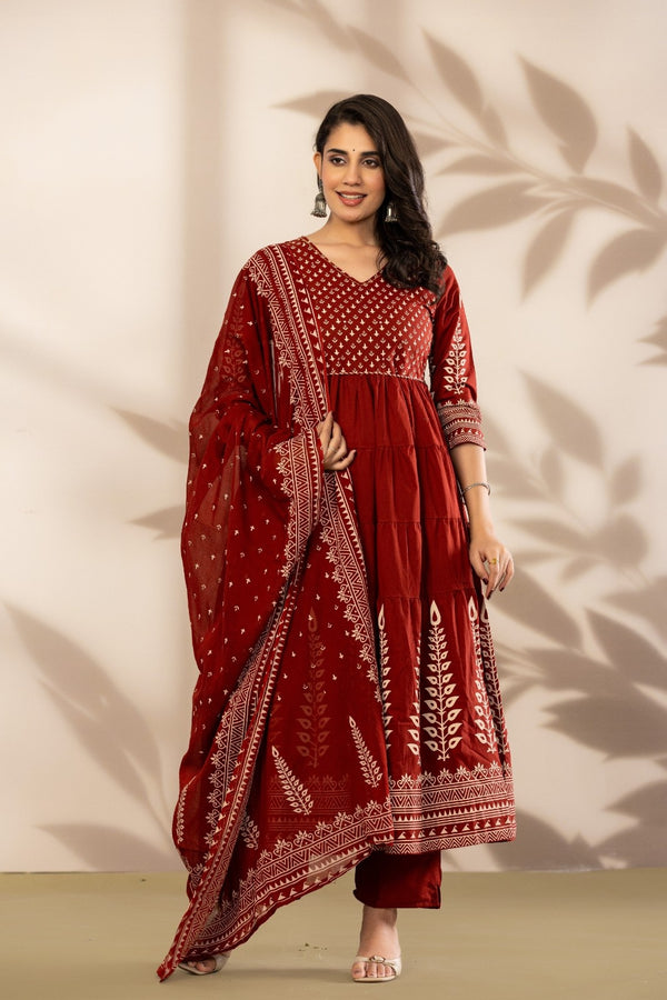 Royale Maroon Printed Anarkali Kurta Set with Dupatta